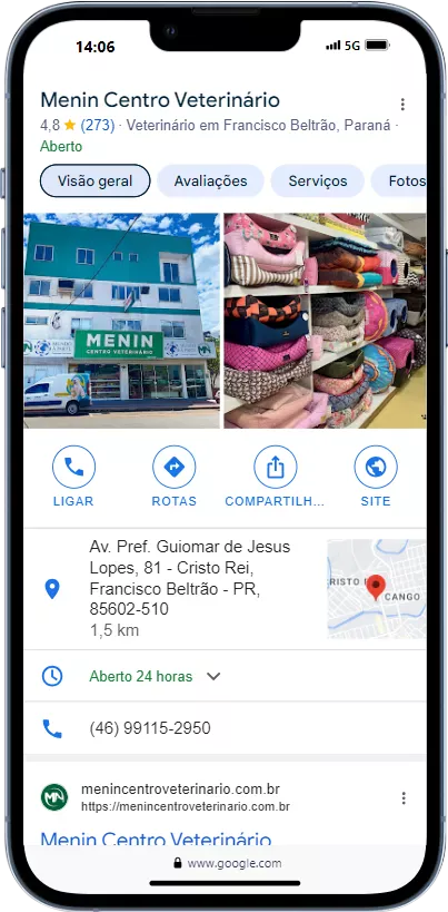 Perfil da Empresa no Google da Clínica Veterinária Menin Centro Veterinário