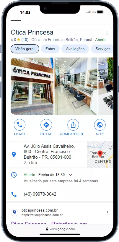 Perfil da Empresa no Google da Ótica Princesa