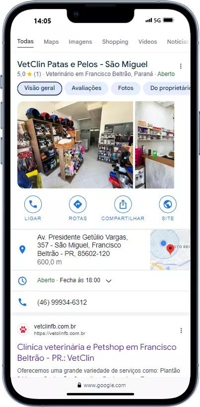 Perfil da Empresa no Google da Clínica Veterinária e Petshop VetClin Patas e Pelos