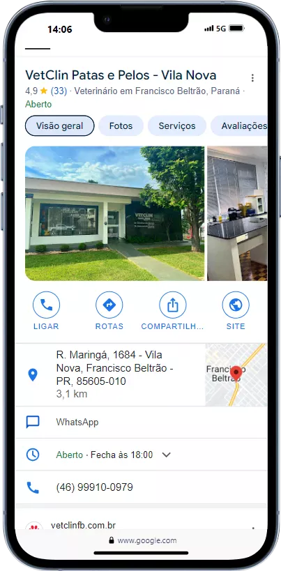 Perfil da Empresa no Google da Clínica Veterinária e Petshop VetClin Patas e Pelos
